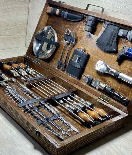Exclusive Handmade Camping set skewers Tool BBQ Grill with Wood case NEW GIFT