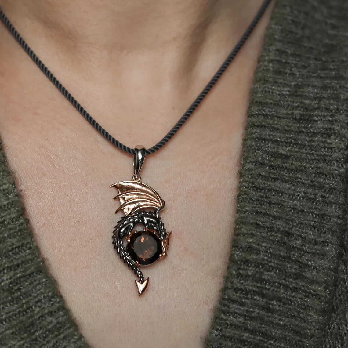 Dragon Smoky Quartz Fantasy Necklace Pendant Charm Sterling Silver 925