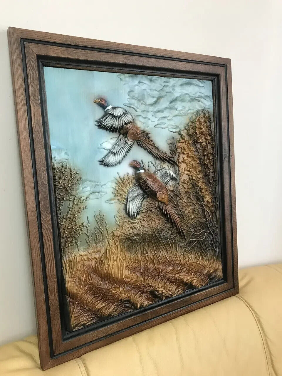 28" Pheasant Hunting Large Wood Carving Picture 3D Artwork Gift Panno Wall Decor