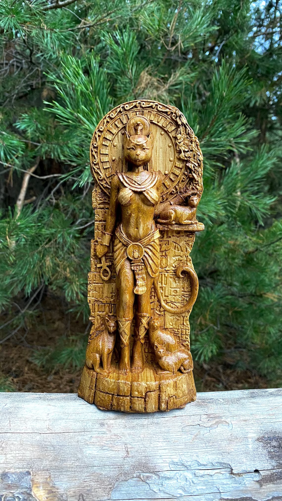 Bastet statue, Cat Goddess Egyptian, Wood carved Altar sculpture Feminine Wisdom