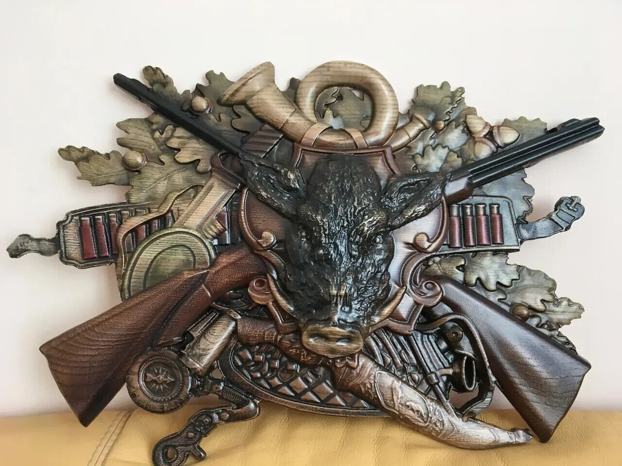 Boar Hunting Large Wood Carving Picture Gun 3D Art Work Gift Panno Wall Decor