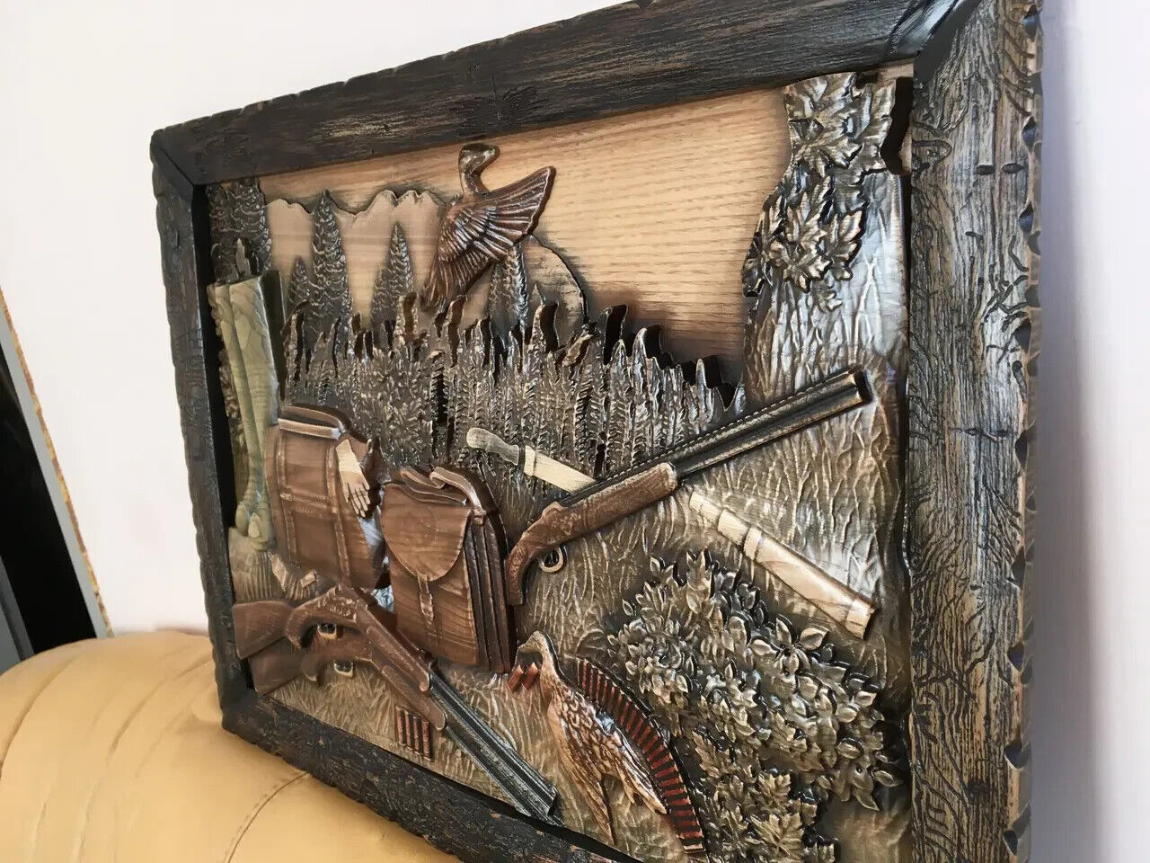 Duck Hunting Large Wood Carving Picture Gun 3D Handmade Gift Panno Wall Decor