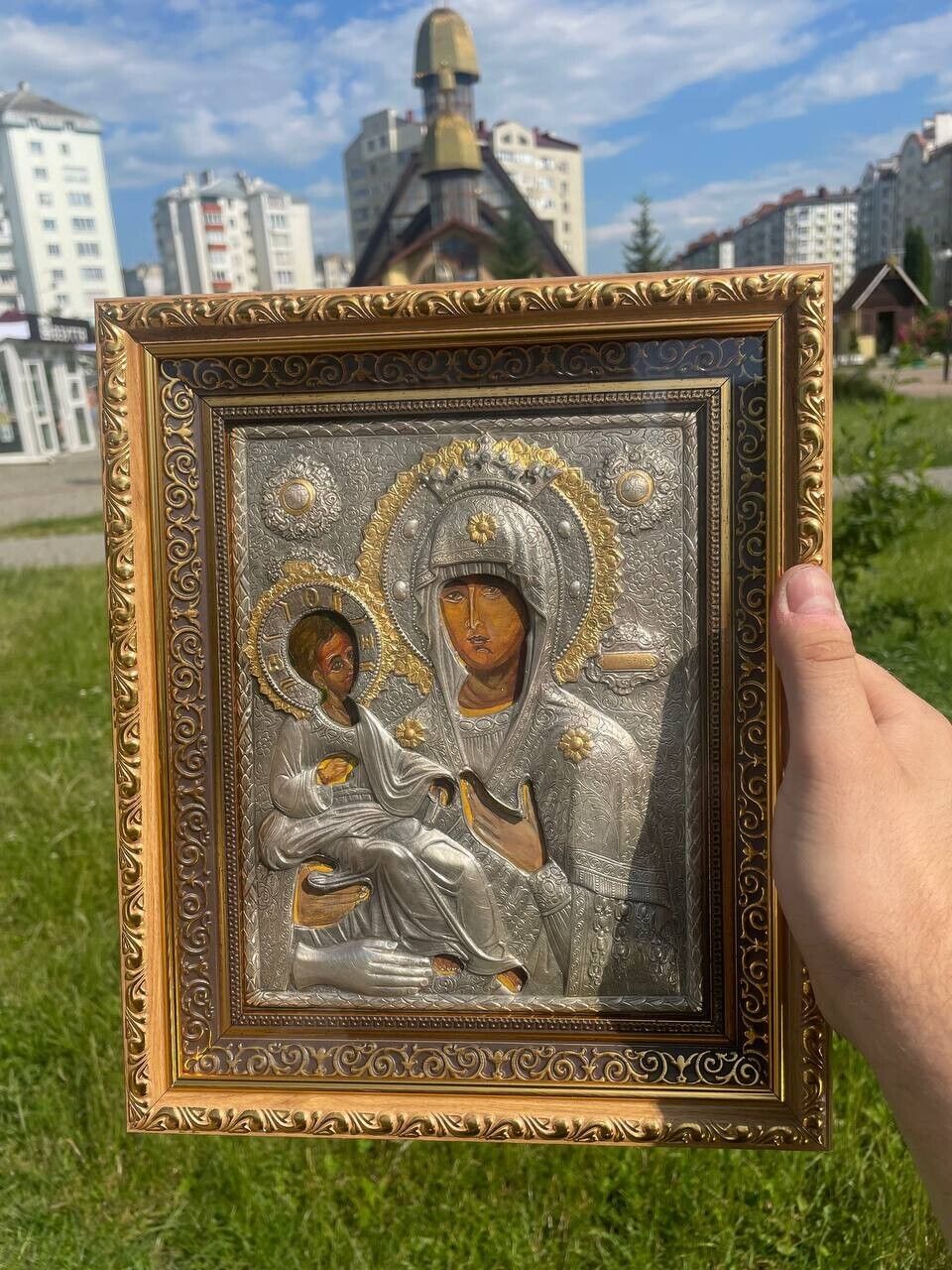 Virgin Mary Three-Handed Christian Orthodox Icon Greek Handmade w/ Frame