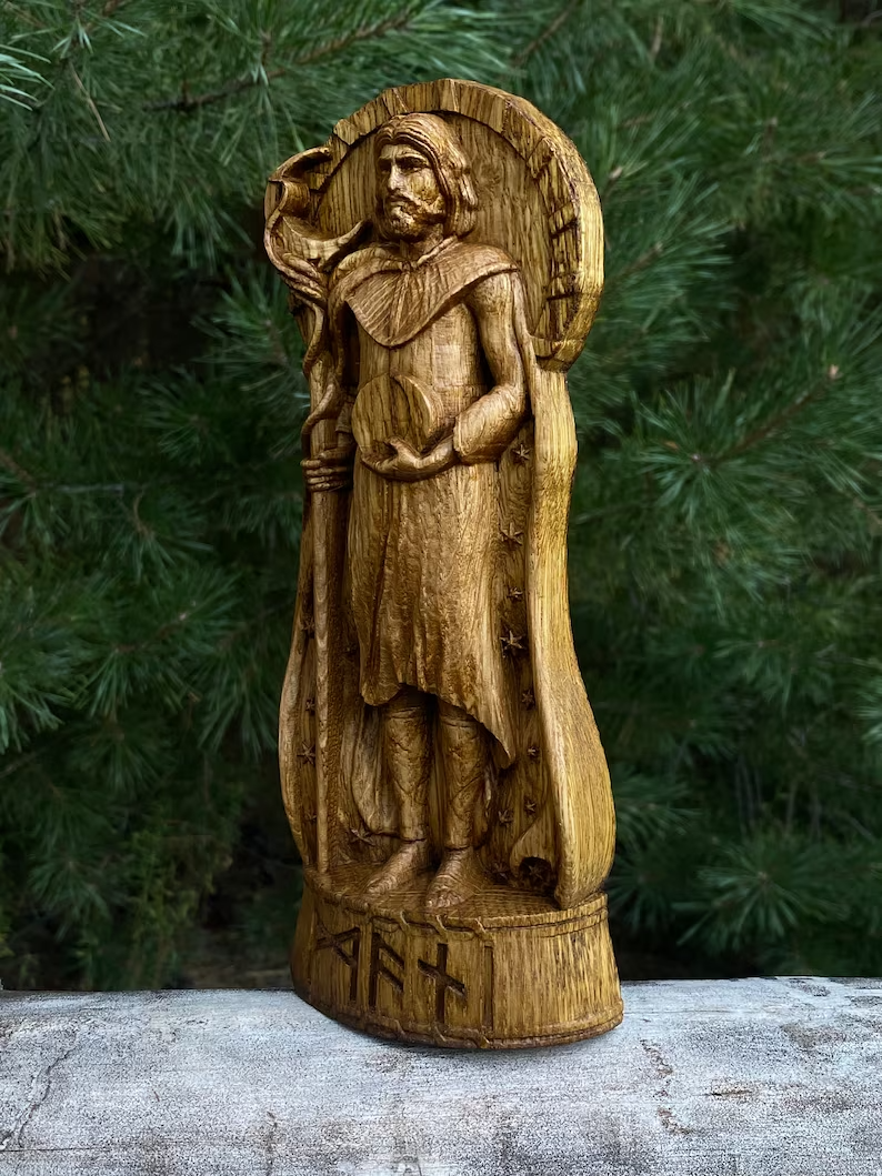Mani God viking Wood carved statue Pagan paganism Altar sculpture pantheon Gift