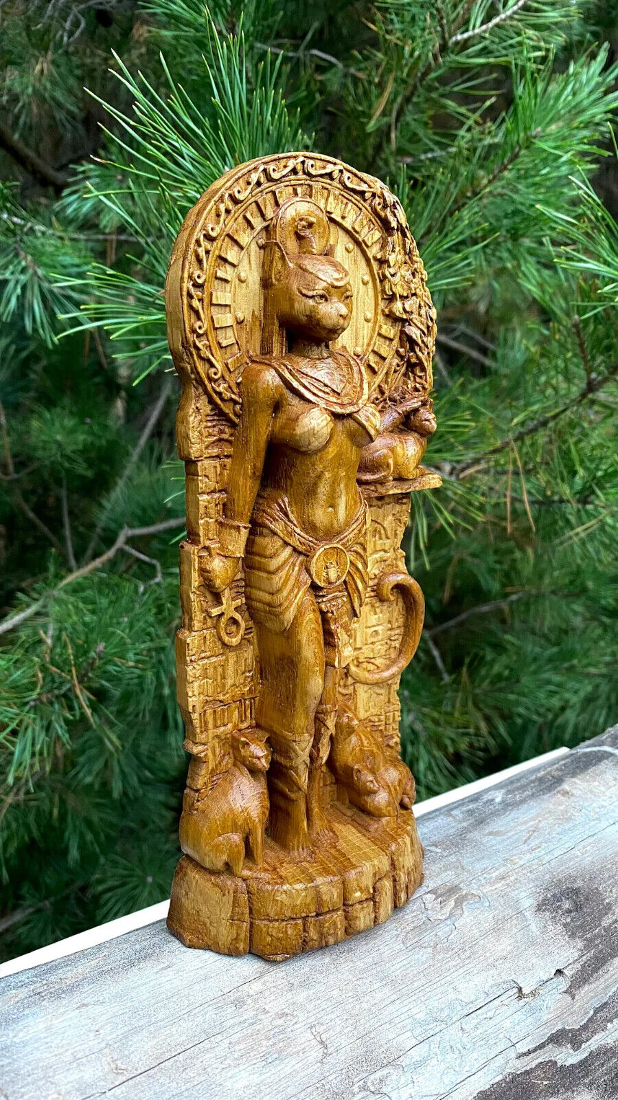 Bastet statue, Cat Goddess Egyptian, Wood carved Altar sculpture Feminine Wisdom