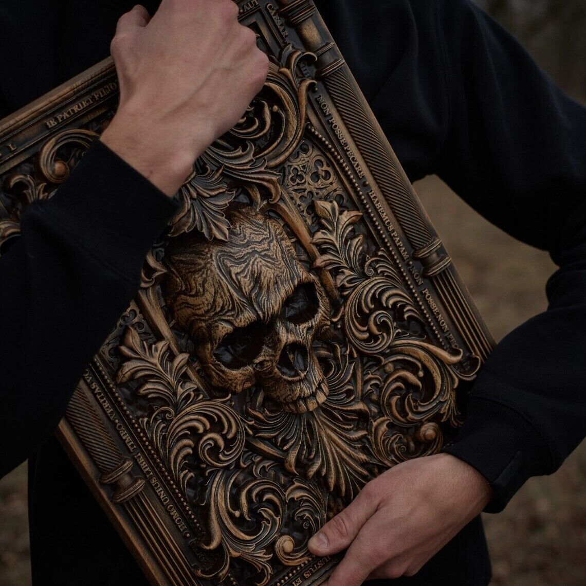 12" Skull Wood Carving Picture 3D Handmade Art Work Gift Panno Wall Decor