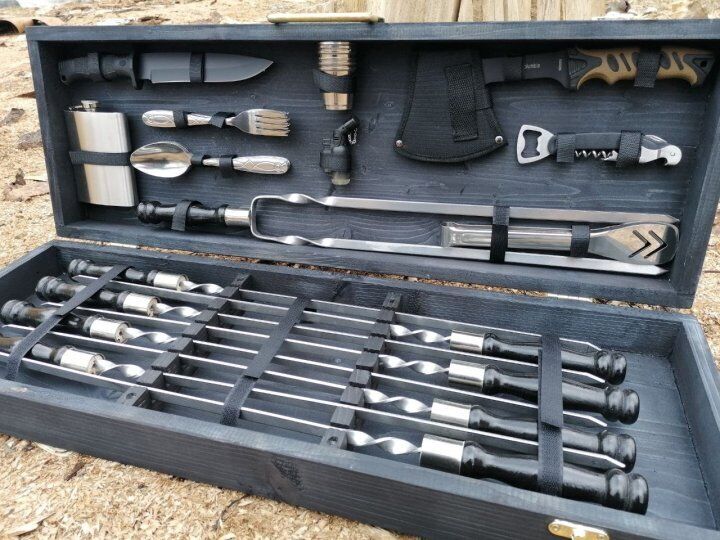 Exclusive Handmade Camping set skewers Grill Tool BBQ with wood case NEW GIFT