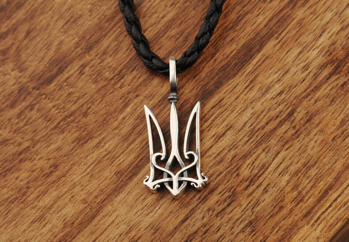 Women Tryzub Silver Pendant Ukrainian Trident Necklace Sterling Cord Silver 925