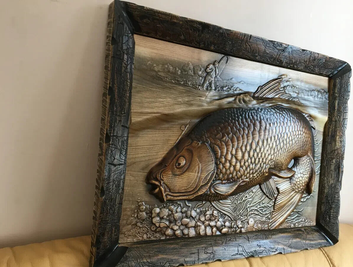 28" Fish Fishing Large Wood Carving Picture 3D Art Work Gift Panno Wall Decor