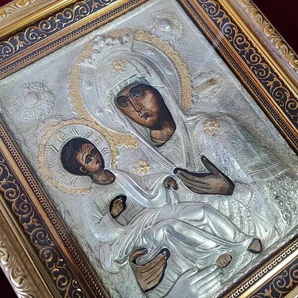 Virgin Mary Three-Handed Christian Orthodox Icon Greek Handmade w/ Frame