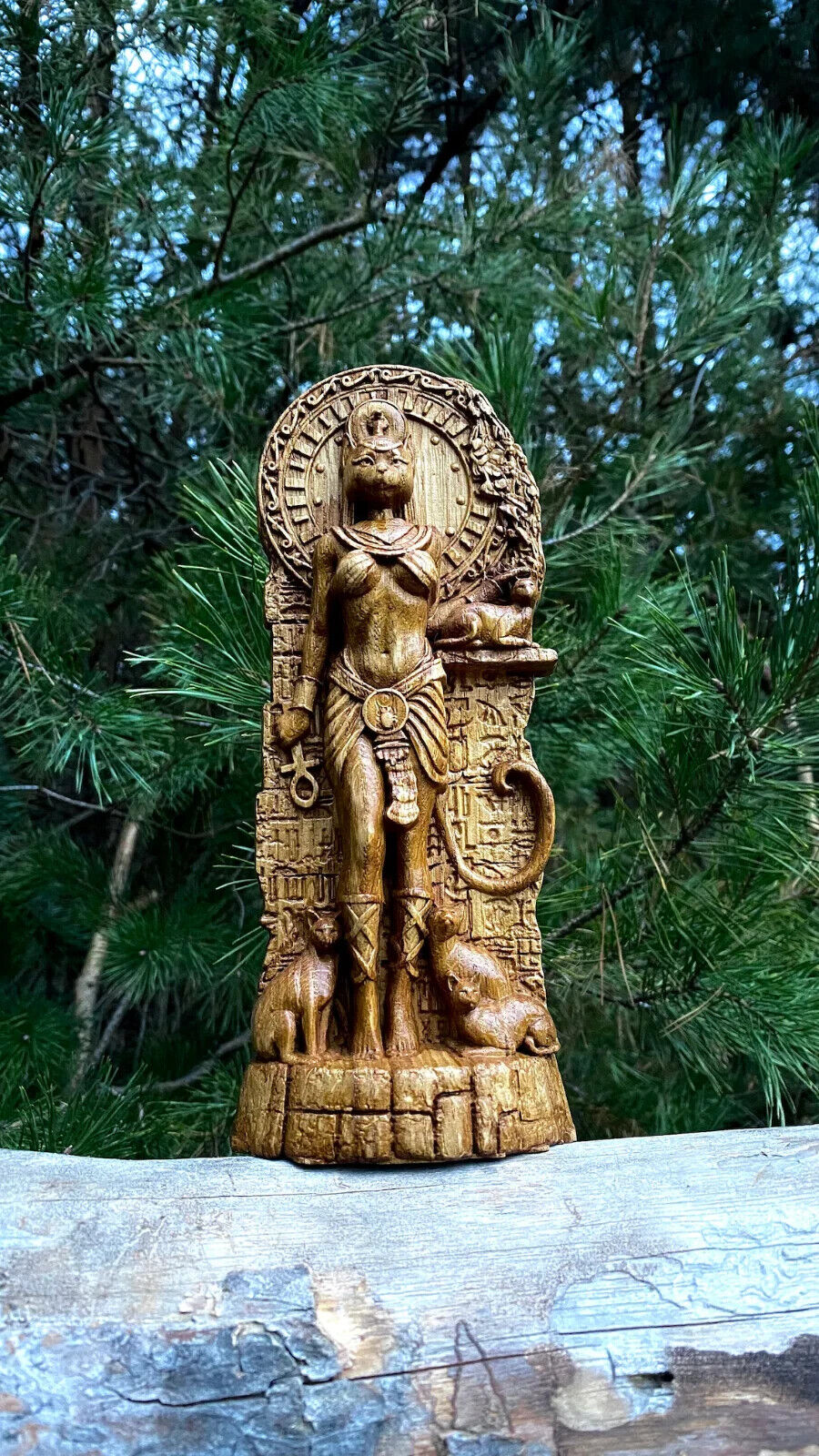 Bastet statue, Cat Goddess Egyptian, Wood carved Altar sculpture Feminine Wisdom