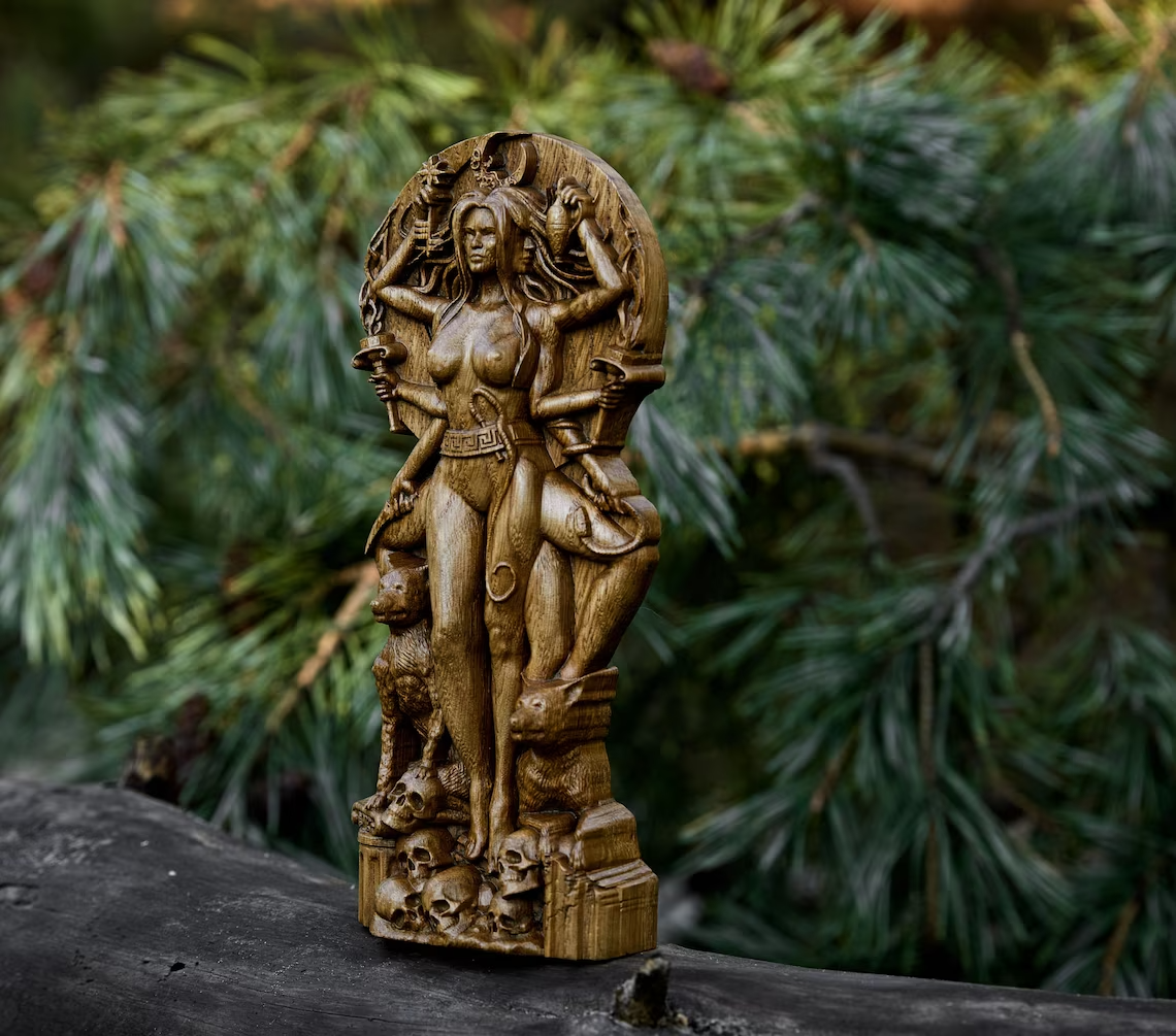 Amazing Hekate statue, Greek Goddess Wood Carved Figurine Wooden New Gift