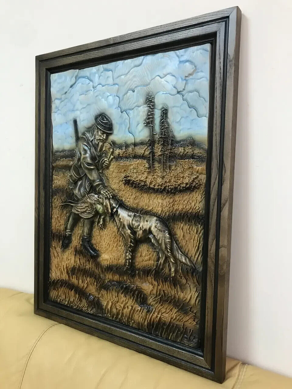 30" Hunter Dog Large Wood Carving Picture Gun 3D Art Work Gift Panno Wall Decor