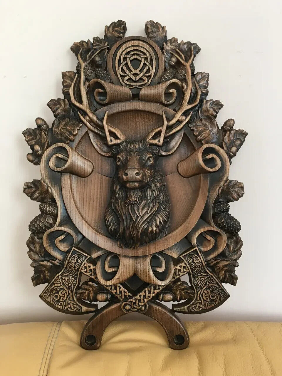 Deer Hunting Large Wood Carving Picture Gun 3D Art Work Gift Panno Wall Decor