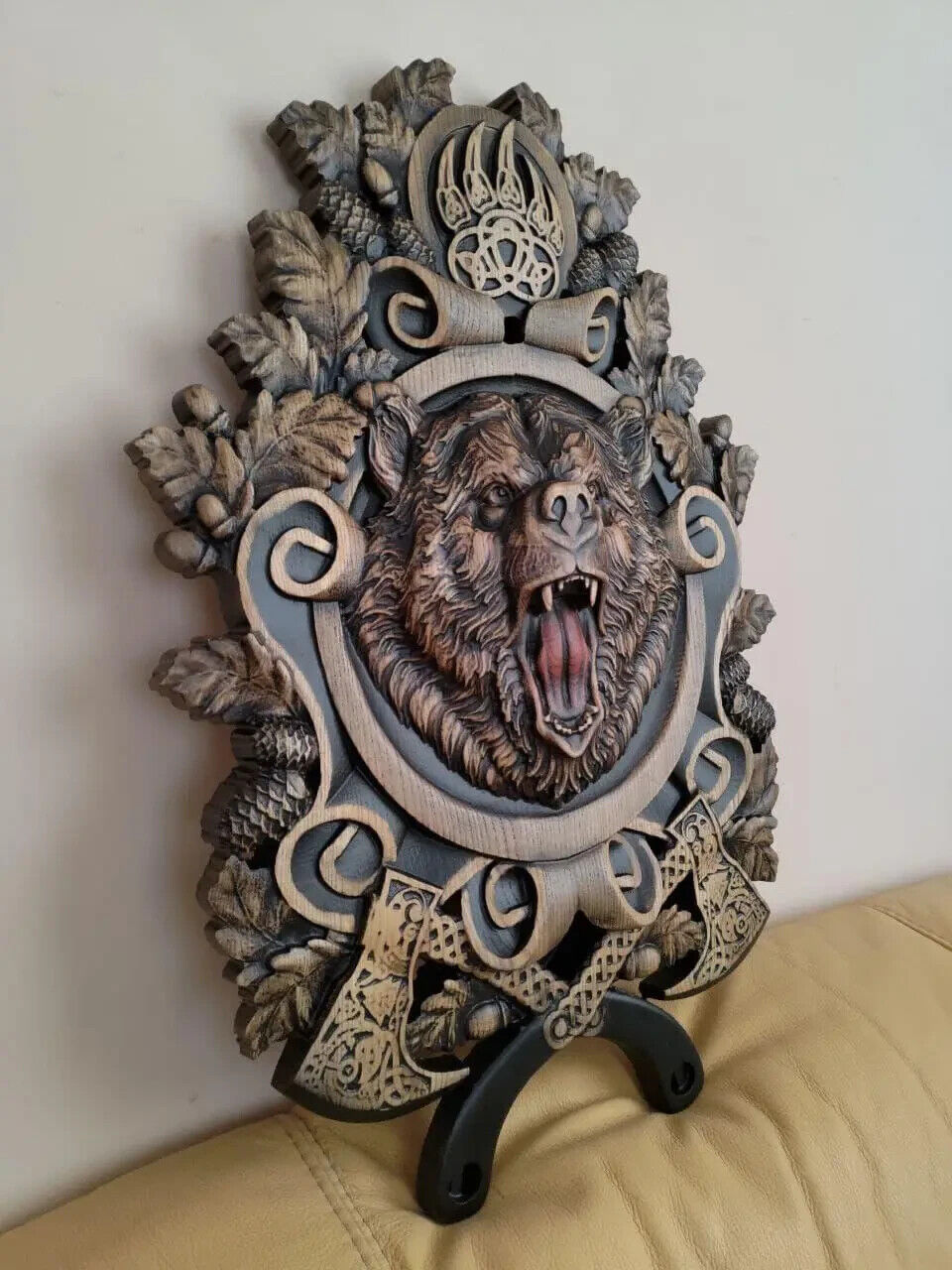 Bear Hunting Large Wood Carving Picture Gun 3D Art Work Gift Panno Wall Decor