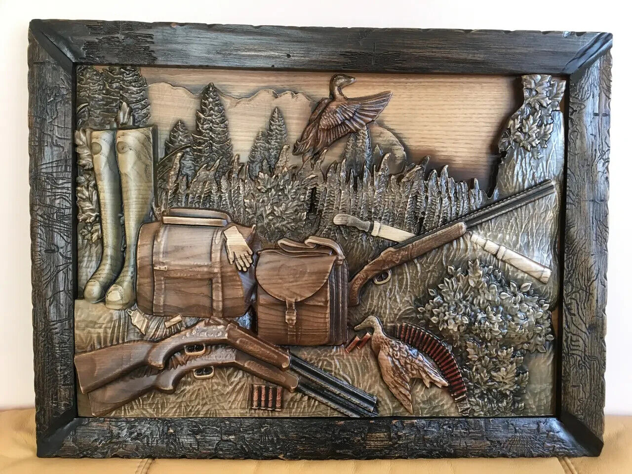 Duck Hunting Large Wood Carving Picture Gun 3D Handmade Gift Panno Wall Decor