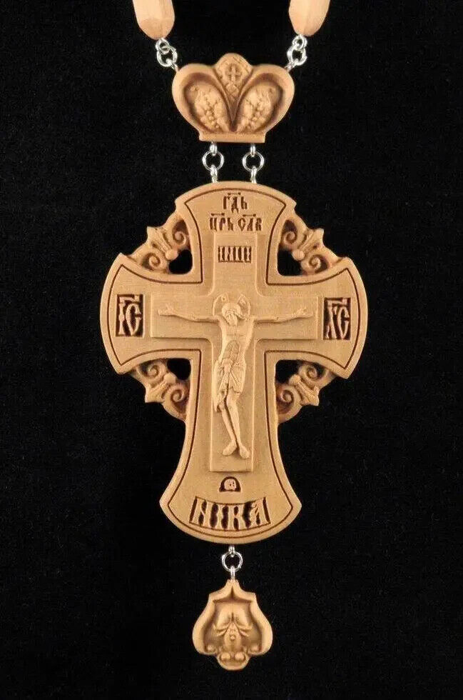Orthodox Priest Pectoral Cross Priestly w/ Chain Carved Wooden Crucifx Religious
