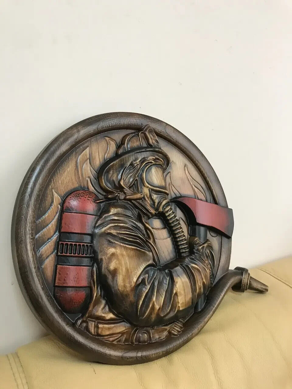 Fireman Fire Dept. Large Wood Carving Picture 3D Handmade Gift Panno Wall Decor