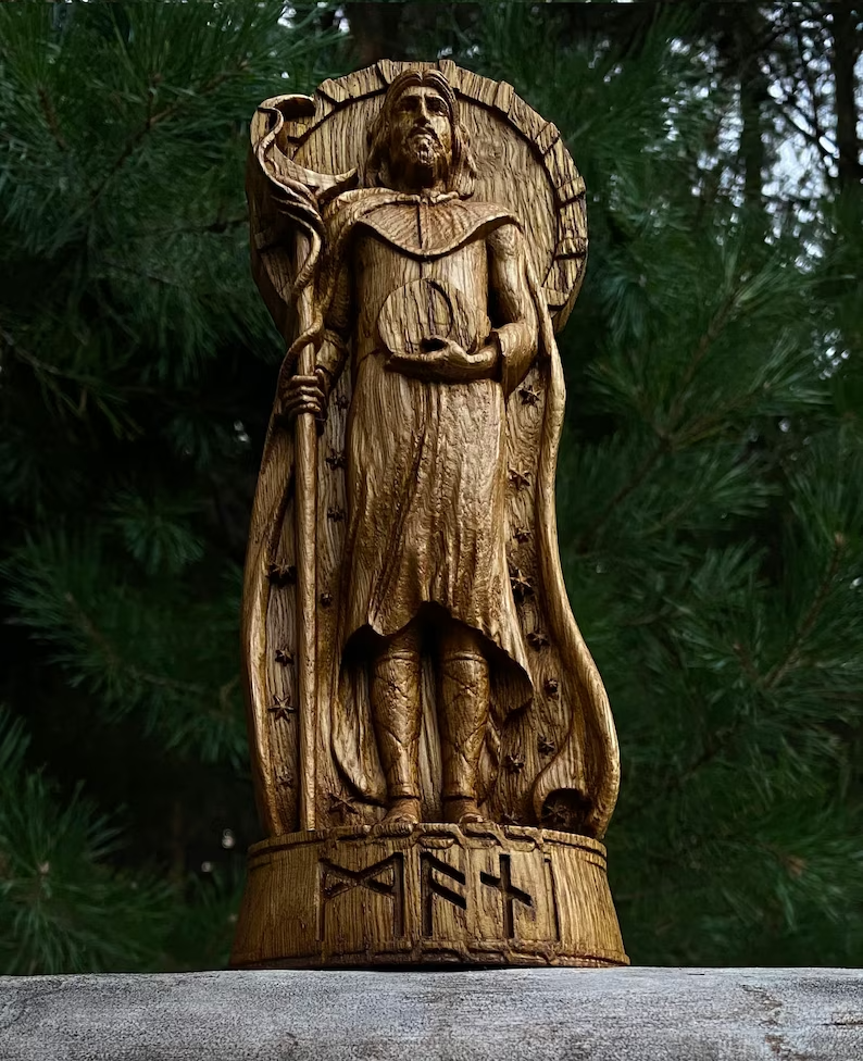 Mani God viking Wood carved statue Pagan paganism Altar sculpture pantheon Gift