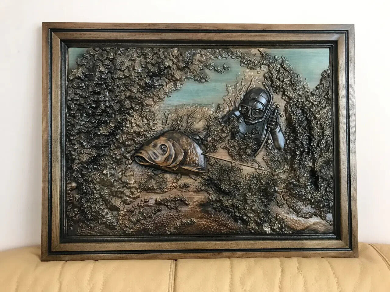 Underwater Fishing Large Wood Carving Picture 3D Art Work Gift Panno Wall Decor