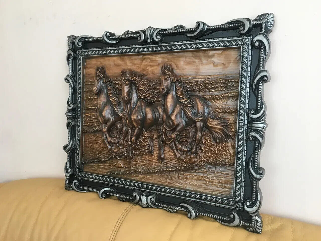 22" Horses Large Wood Carving Picture 3D Art Work Handmad Gift Panno Wall Decor
