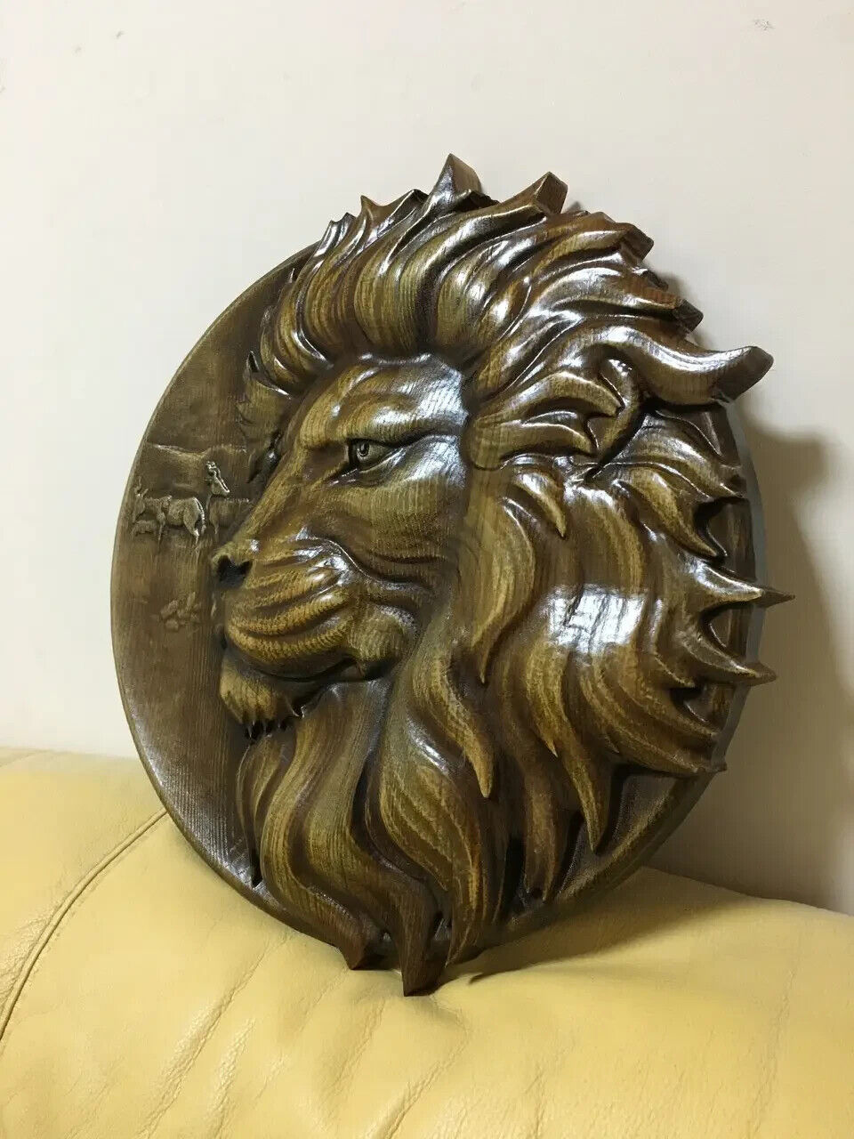 Lion Large Wood Carving Picture 3D Handmade Gift Panno Wall Decor
