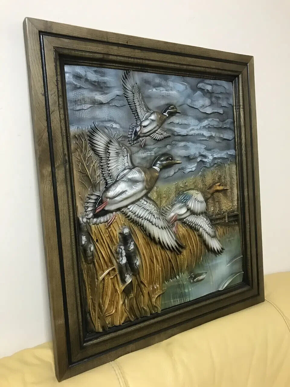 28" Ducks Hunting Large Wood Carving Picture 3D Handmade Gift Panno Wall Decor