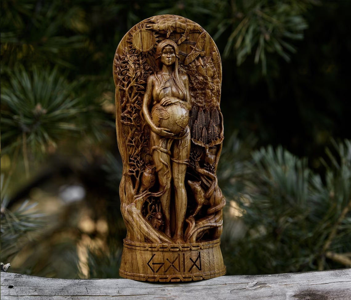 Goddess Gaia Handcrafted Wooden Statue Embrace the Divine Mother of All New Gift