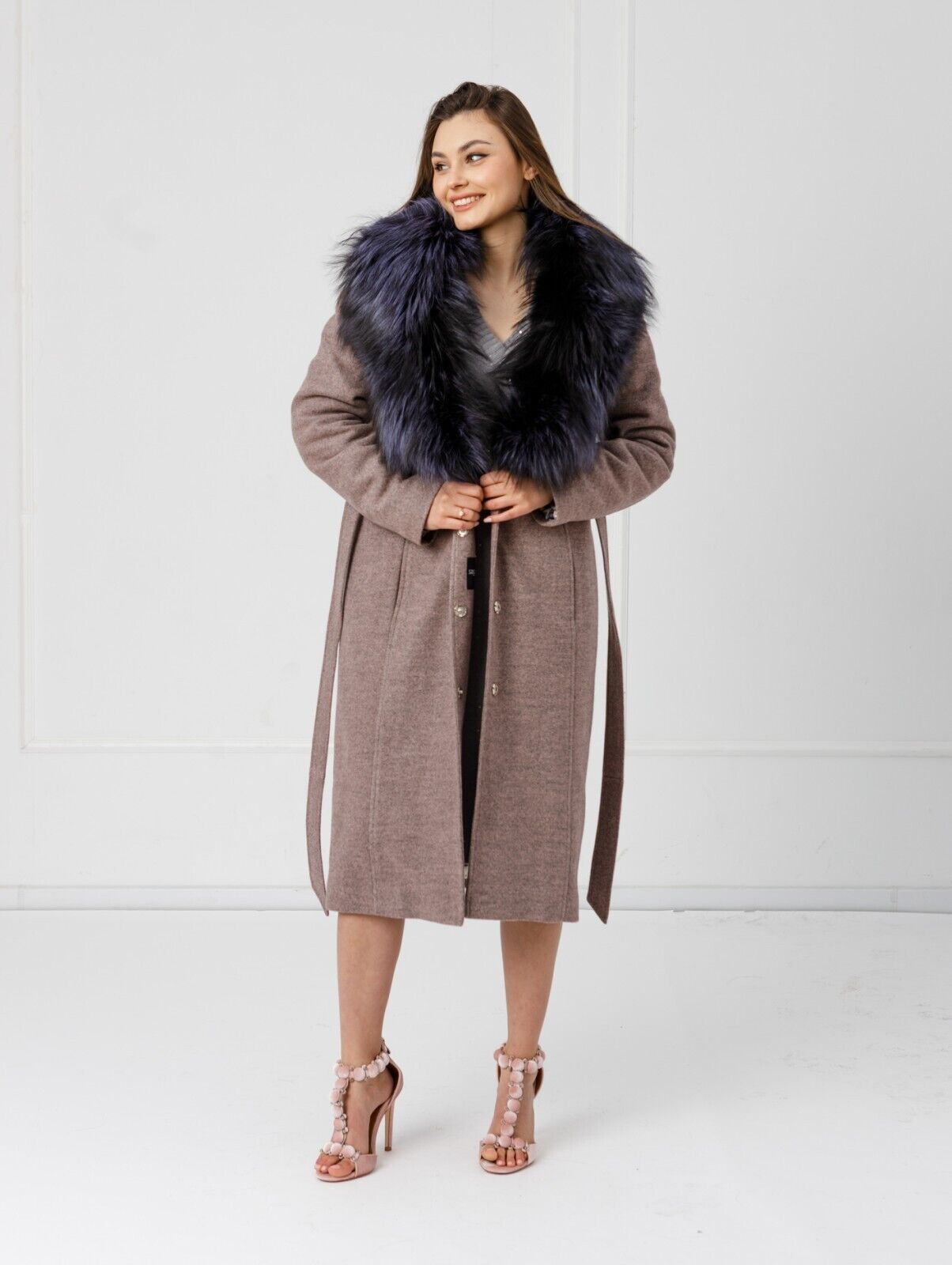New Cashmere Long Coat w/ Genuine FOX Fur SAGA FURS Luxury Jacket Women Size M