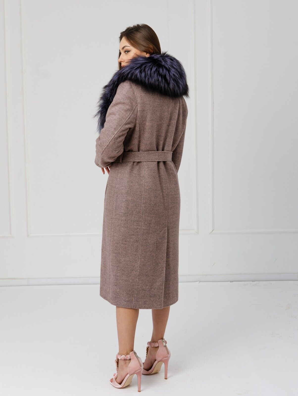 New Cashmere Long Coat w/ Genuine FOX Fur SAGA FURS Luxury Jacket Women Size M