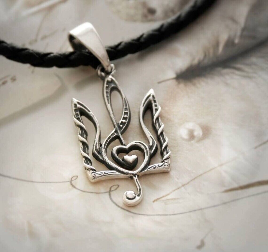 Women Tryzub Treble Clef Pendant Ukrainian Trident Necklace Cord Silver 925