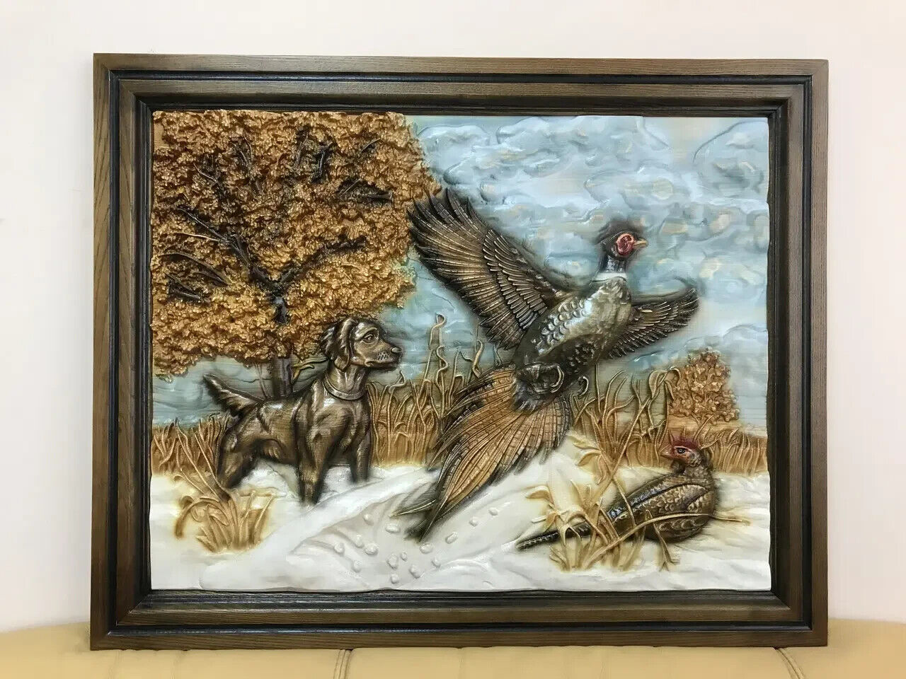 Pheasant Hunting Large Wood Carving Picture 3D Handmade Gift Panno Wall Decor