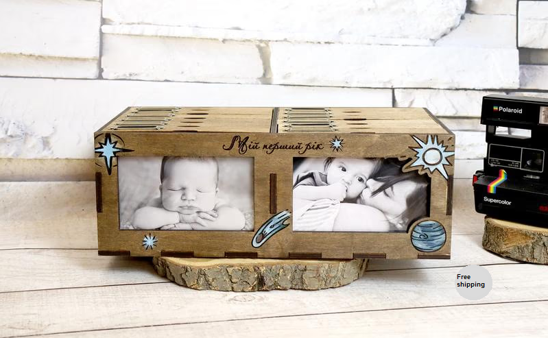 NEW - Wooden Album Photo Box Unique Holder First Year Baby Child 432 photos