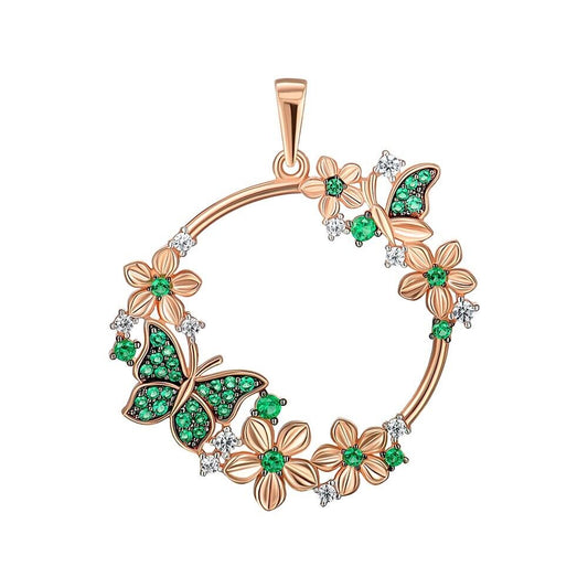 Pendant Butterfly Green Delicate Flowers Necklace Jewelry Charm 14k gold (585)