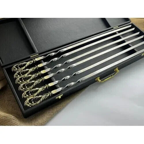 Luxury 6pcs Stainless Steel Metal Barbeque Skewer Needle BBQ Kebab Stick Case