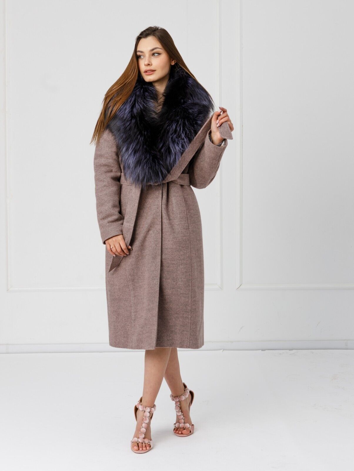 New Cashmere Long Coat w/ Genuine FOX Fur SAGA FURS Luxury Jacket Women Size M