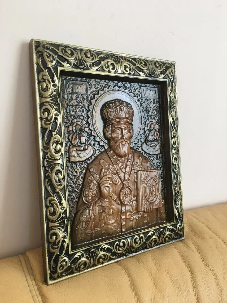 14" Icon of St. Nicholas Wood Carving Picture 3D Orthodox Gift Panno Wall Decor