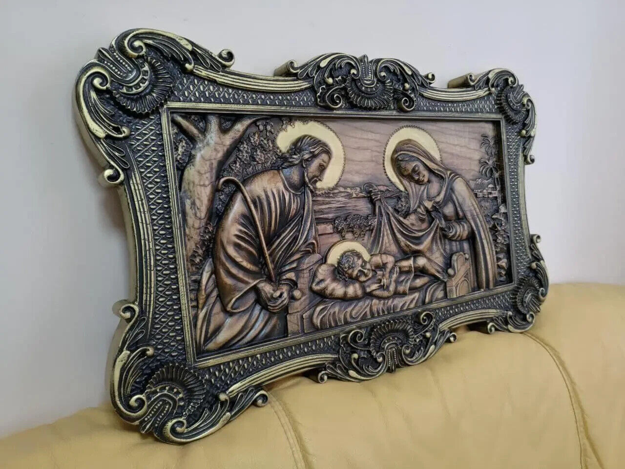 32" Holy Family Large Wood Carving Picture 3D Art Work Gift Panno Wall Decor