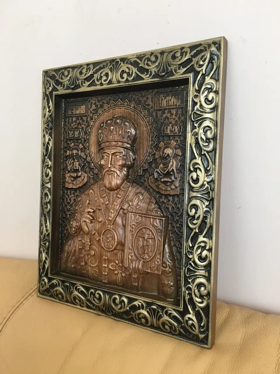 14" Icon of St. Nicholas Wood Carving Picture 3D Orthodox Gift Panno Wall Decor