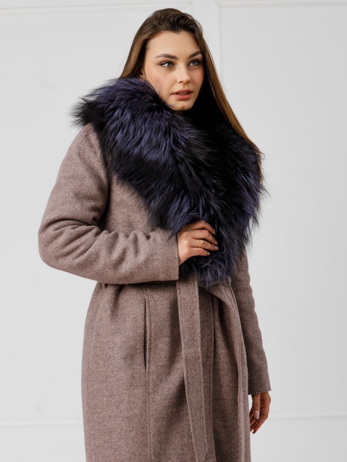 New Cashmere Long Coat w/ Genuine FOX Fur SAGA FURS Luxury Jacket Women Size M