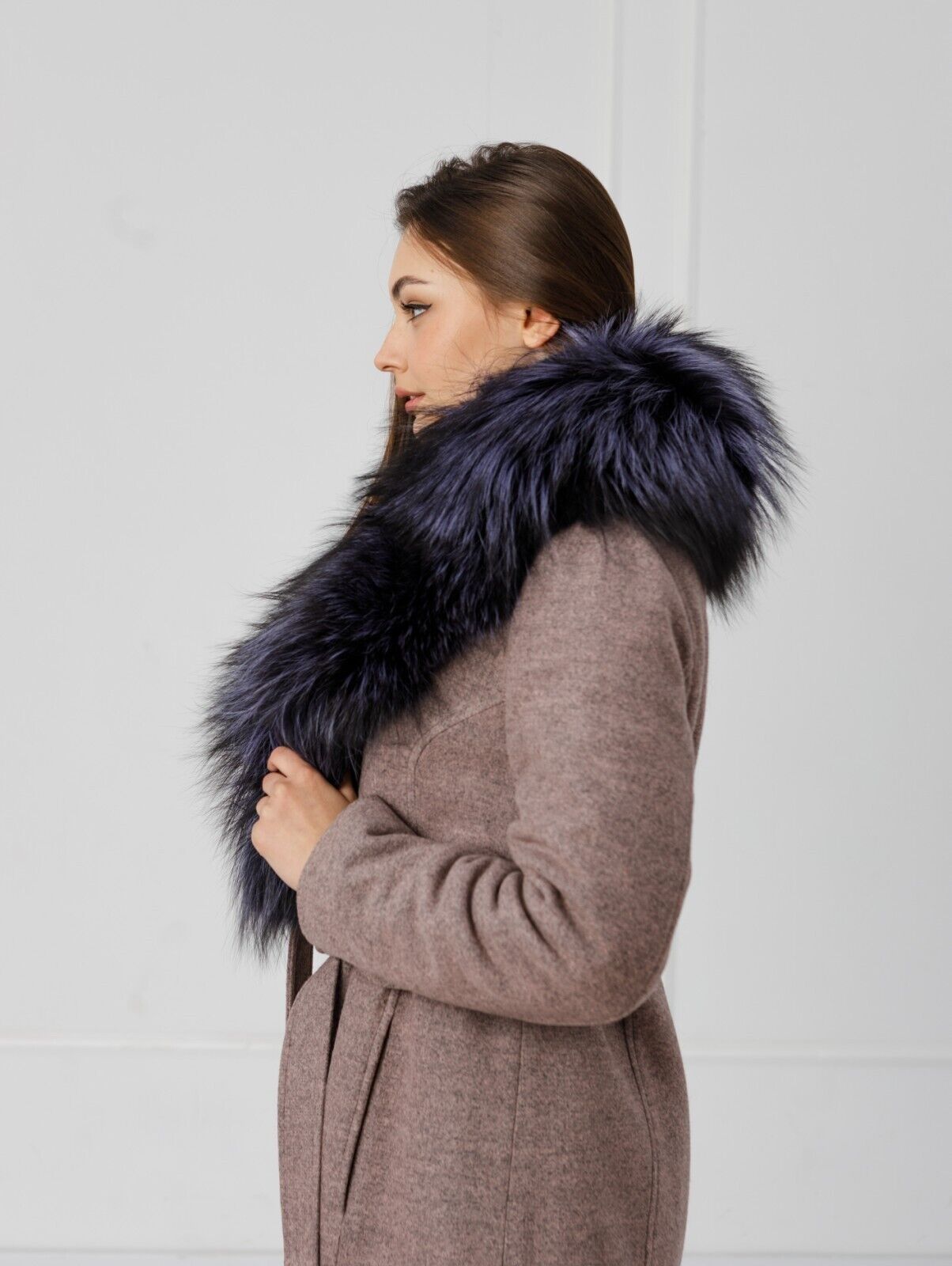 New Cashmere Long Coat w/ Genuine FOX Fur SAGA FURS Luxury Jacket Women Size M