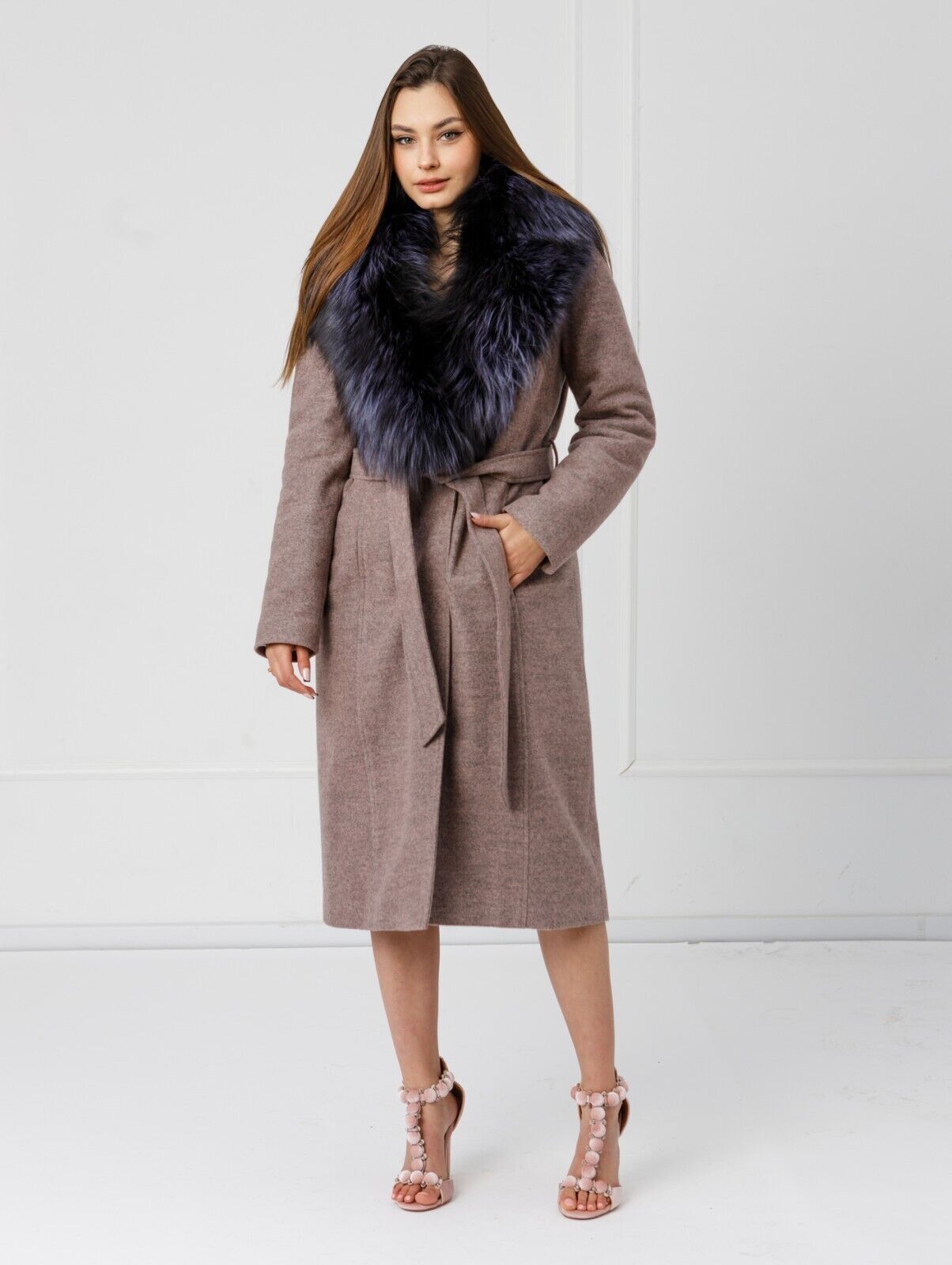 New Cashmere Long Coat w/ Genuine FOX Fur SAGA FURS Luxury Jacket Women Size M