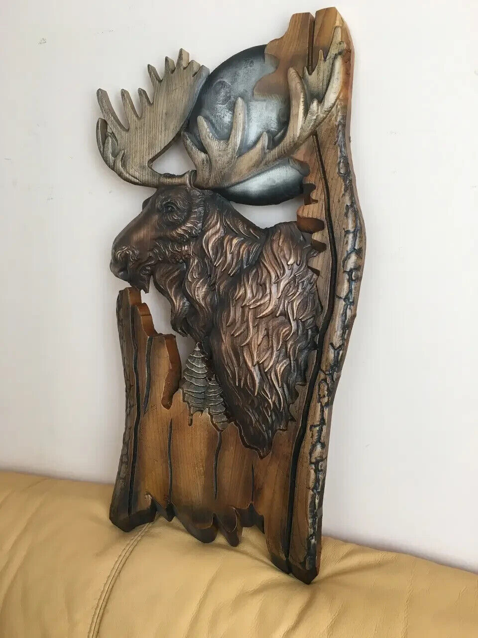 Elk Hunting Large Wood Carving Picture 3D Art Work Handmad Gift Panno Wall Decor