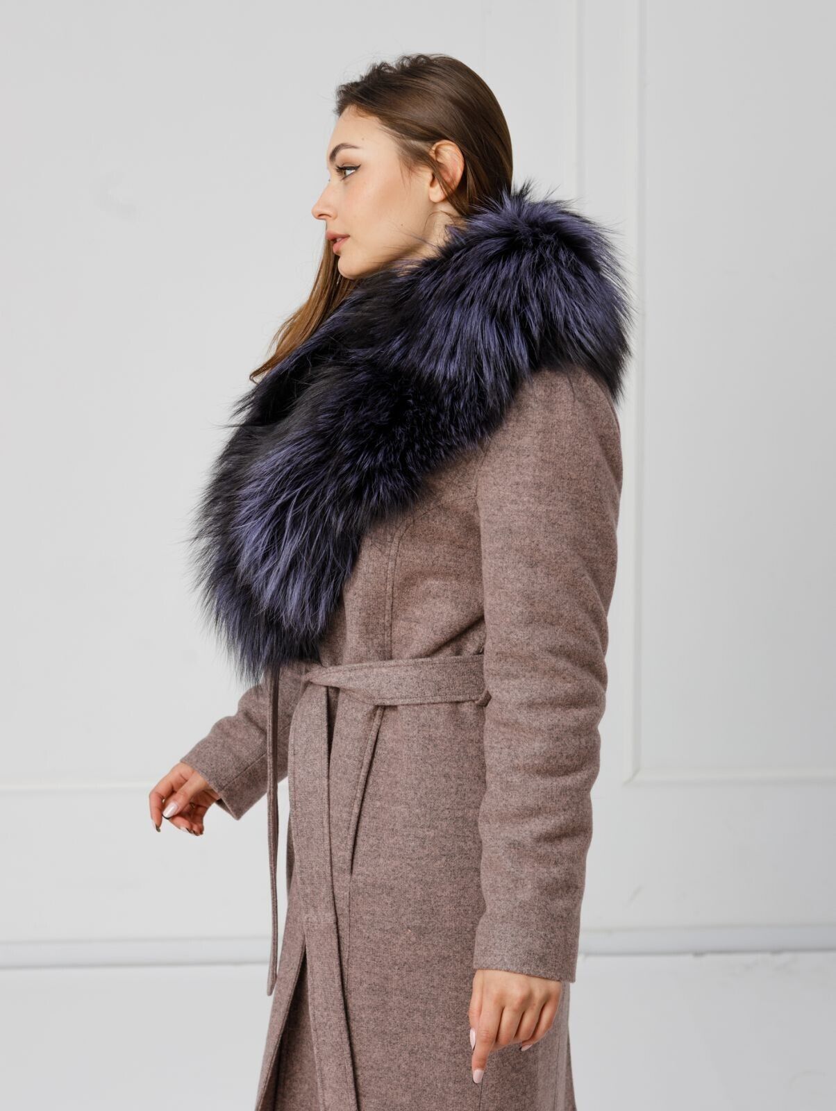 New Cashmere Long Coat w/ Genuine FOX Fur SAGA FURS Luxury Jacket Women Size M