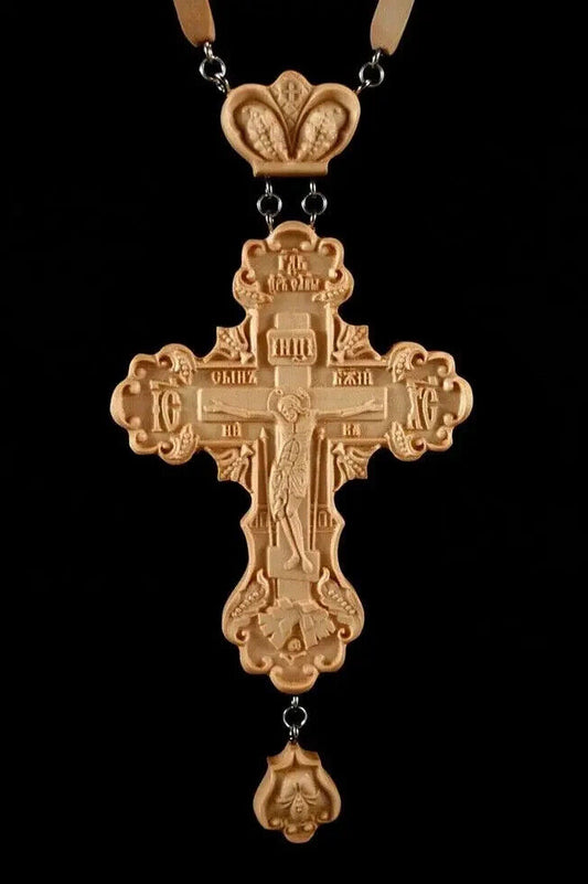 Orthodox Priest Pectoral Cross Priestly w/ Chain Carved Wooden Crucifx Religious
