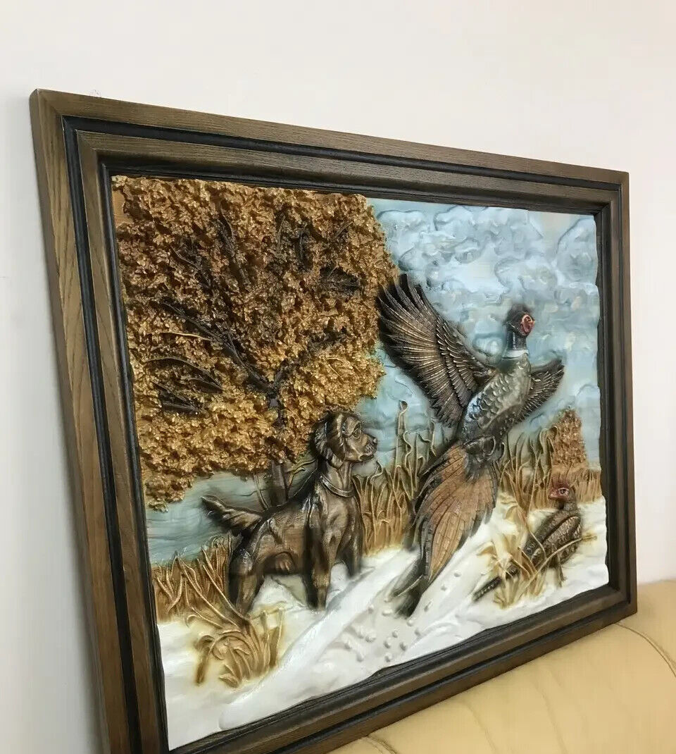 Pheasant Hunting Large Wood Carving Picture 3D Handmade Gift Panno Wall Decor