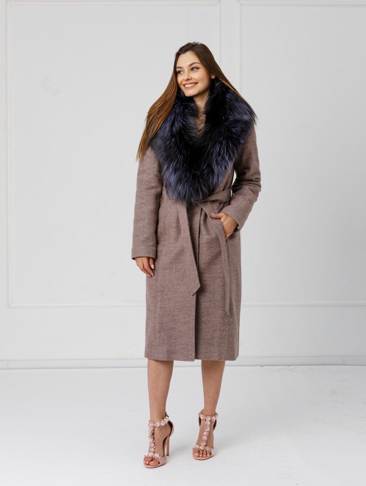 New Cashmere Long Coat w/ Genuine FOX Fur SAGA FURS Luxury Jacket Women Size M