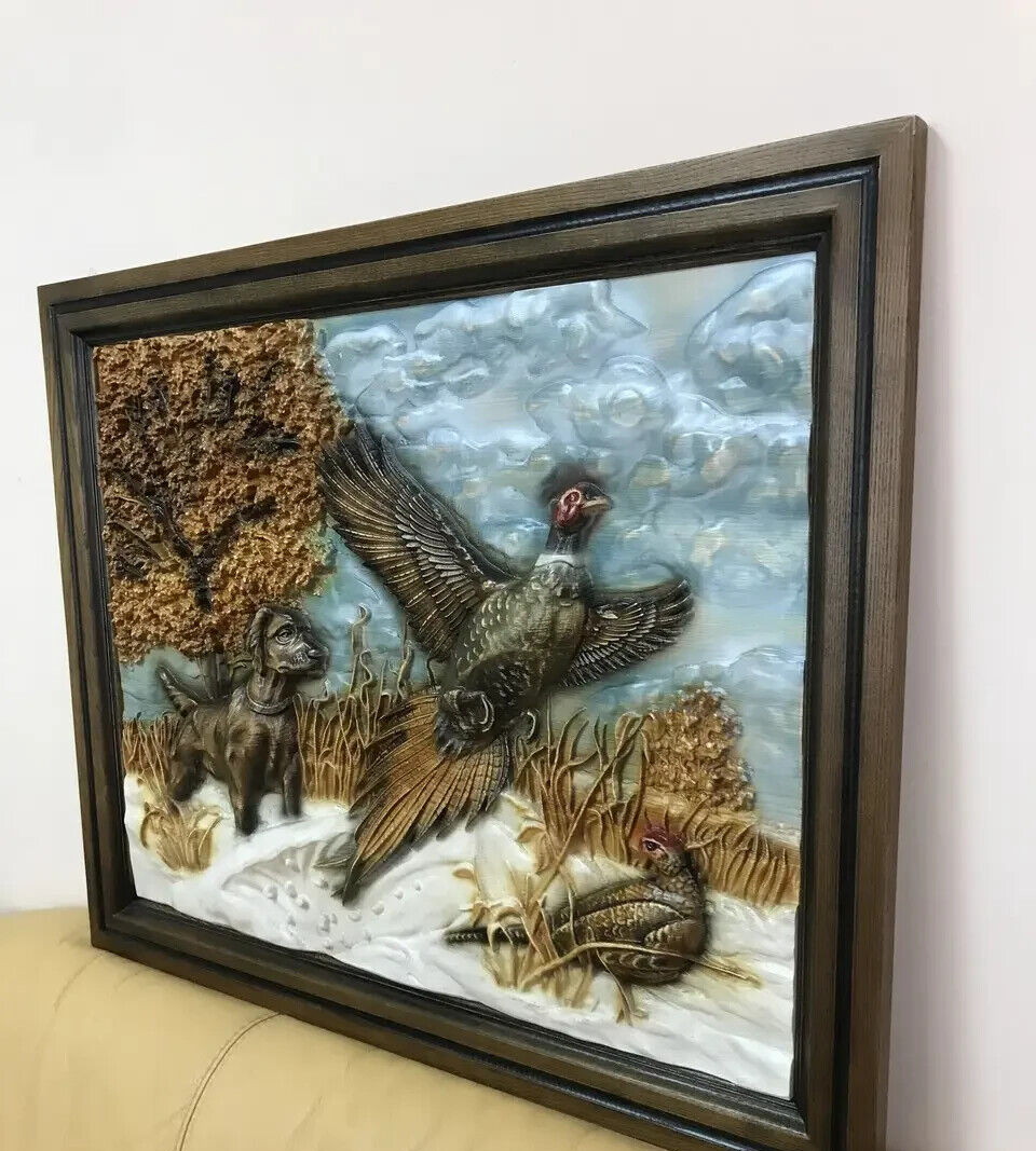 Pheasant Hunting Large Wood Carving Picture 3D Handmade Gift Panno Wall Decor