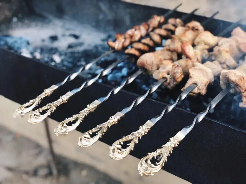 Luxury 6pcs Stainless Steel Metal Barbeque Skewer Needle BBQ Kebab Stick Case