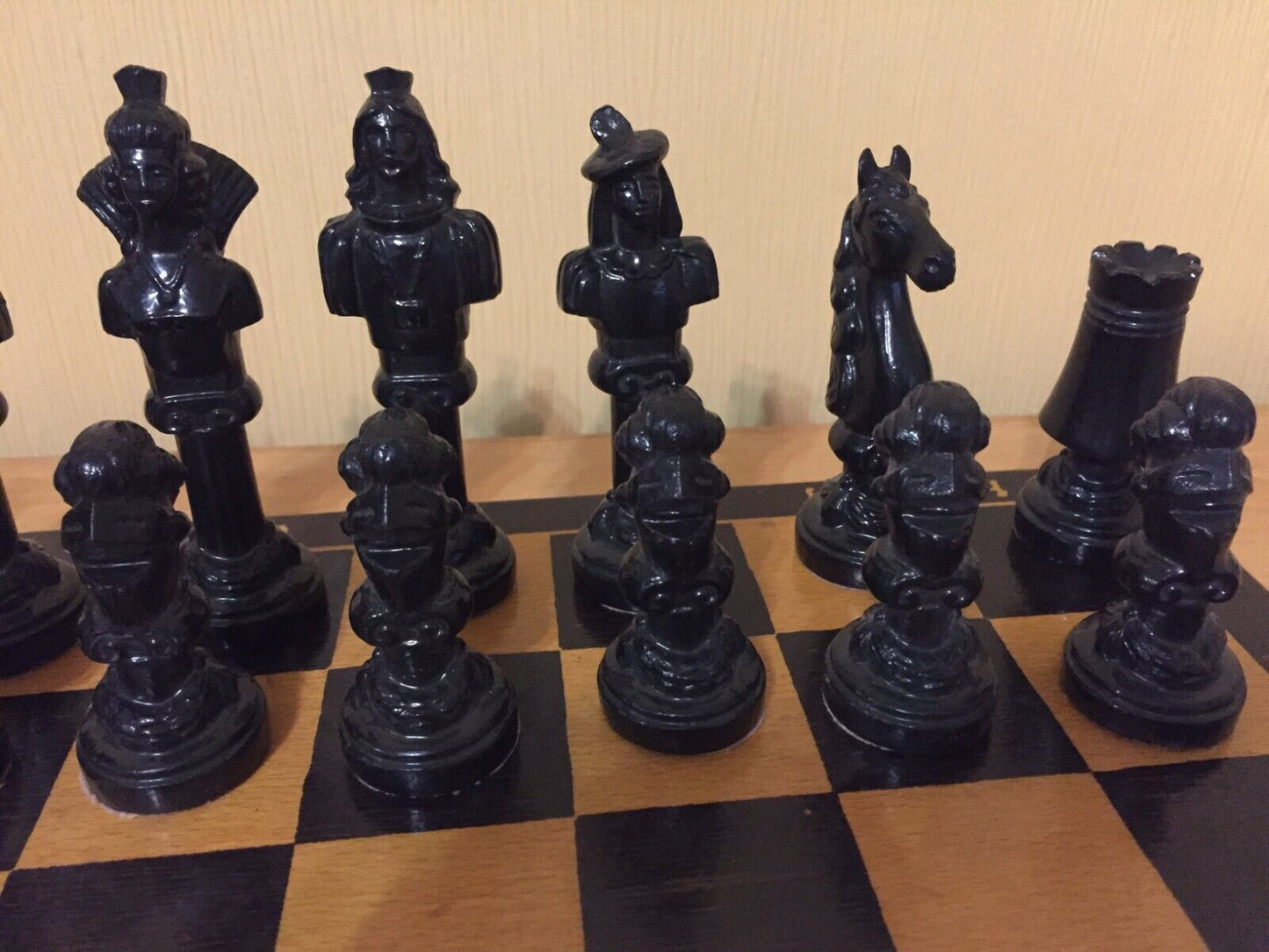 Chess set vintage plastic chessmen wooden Board Game USSR Soviet